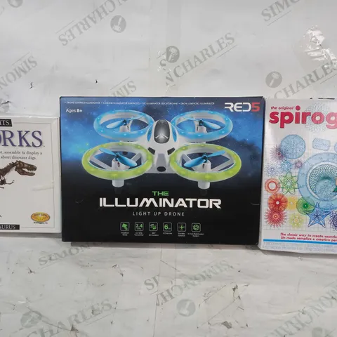 BOX OF APPROXIMATELY 20 ASSORTED TOYS AND GAMES TO INCLUDE SPIROGRAPH, RED5 THE ILLUMINATOR LIGHT UP DRONE, DINOWORKS, ETC