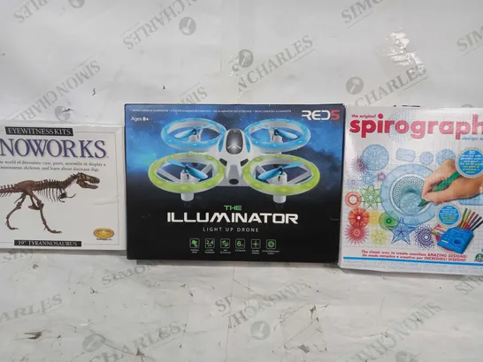 BOX OF APPROXIMATELY 20 ASSORTED TOYS AND GAMES TO INCLUDE SPIROGRAPH, RED5 THE ILLUMINATOR LIGHT UP DRONE, DINOWORKS, ETC