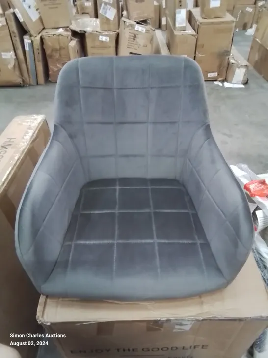 A BOXED PAIR OF GREY VELVET UPHOLSTERED DINING ROOM CHAIRS 