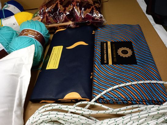 LARGE BOX OF APPROXIMATELY 20 FABRIC RELATE HOUSEHOLD ITEMS TO INCLUDE: WOOL, ROPE, FABRIC