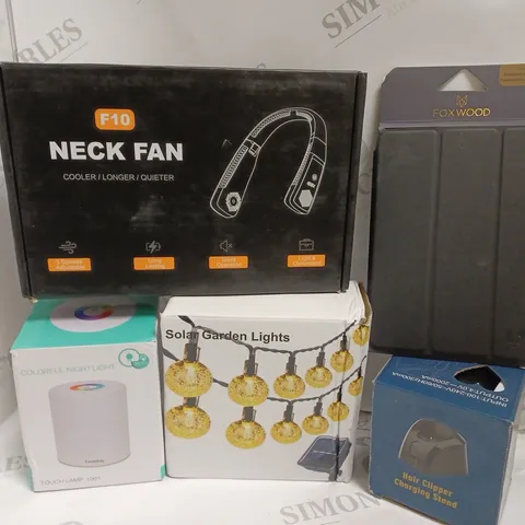 BOX OF 5 ASSORTED ITEMS TO INCLUDE GARDEN LIGHTS, NECK FAN, HAIR CLIPPER CHARGING STAND ETC