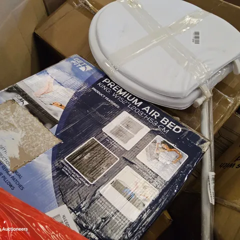 PALLET OF ASSORTED ITEMS INCLUDING, TOILET SEAT, PREMIUM KING INFLATABLE MATTRESS, STORAG-E CUPBOARD, INFLATABLE MATTRESS WITH HEADBOARD, TOILET SEAT.