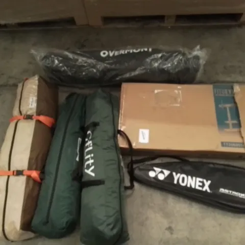 PALLET OF UNPROCESSED ITEMS TO INCLUDE ASSORTED TENTS, TV STAND WITH MOUNT, AND YONEX SPORTS GEAR