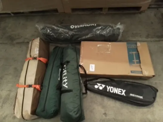 PALLET OF UNPROCESSED ITEMS TO INCLUDE ASSORTED TENTS, TV STAND WITH MOUNT, AND YONEX SPORTS GEAR