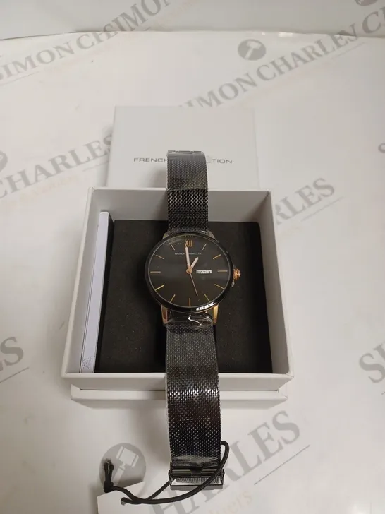 BOXED FRENCH CONNECTION LADIES BLACK DIAL WATCH - BLACK & ROSE GOLD