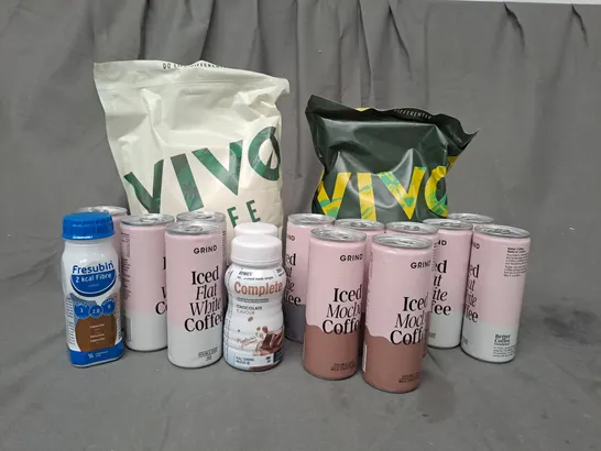 APPROXIMATELY 17 ASSORTED FOOD AND DRINK PRODUCTS VIVO LIFE VEGAN PROTEIN, FRESUBIN, GRIND ICED FLAT WHITE COFFEE DOUBLE SHOT, AYMES NUTRITIONAL DRINK