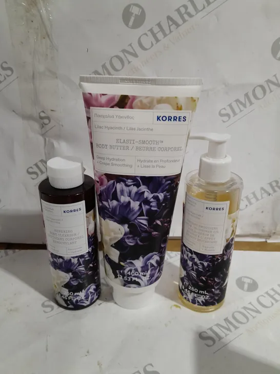 BOXED KORRES LILAC HYACINTH INSTANT SMOOTHING SERUM-IN-SHOWER OIL, BODY BUTTER, AND BODY CLEANSER SET