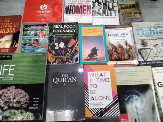 CAGE OF ASSORTED BOOKS INCLUDING REAL FOOD FOR PREGNANCY, A PICNIC IN EDEN, TH COMPETE FISHING MANUAL, THE GUEST LIST