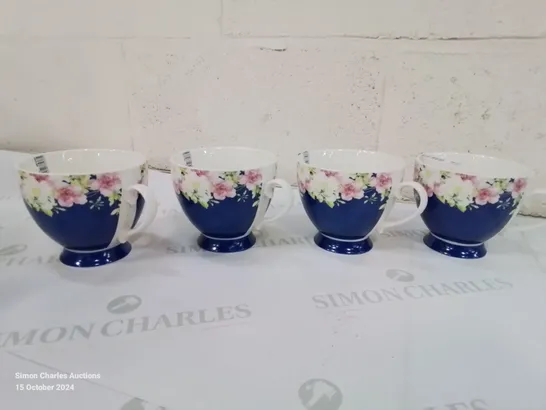 BOXED BLUE FLORAL BONE CHINA MUGS - SET OF 4