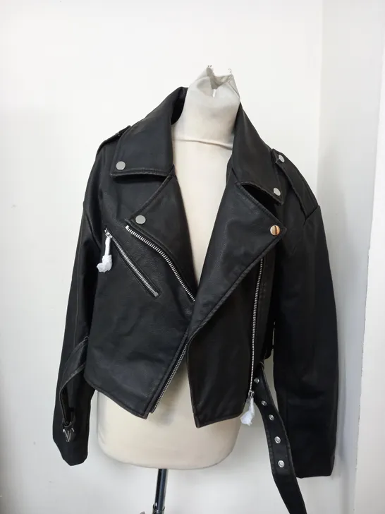 ZARA BLACK CROPPED LEATHER JACKET - UK L