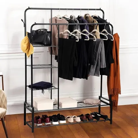 BOXED SPRENGER FREESTANDING 118cm DOUBLE CLOTHES RAIL WITH 2 SHOE RACKS AND 3 SHELVES (1 BOX)