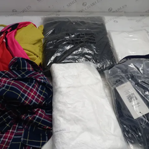 BOX OF ASSORTED CLOTHING ITEMS TOO INCLUDE JUMPERS, SHIRTS AND TROUSERS IN VARIOUS SIZES AND COLOURS   