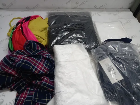 BOX OF ASSORTED CLOTHING ITEMS TOO INCLUDE JUMPERS, SHIRTS AND TROUSERS IN VARIOUS SIZES AND COLOURS   