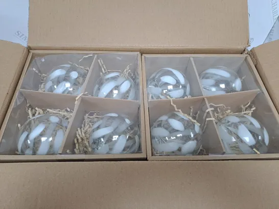 BOX OF 6 GLASS WHITE BRUSH BAUBLES 