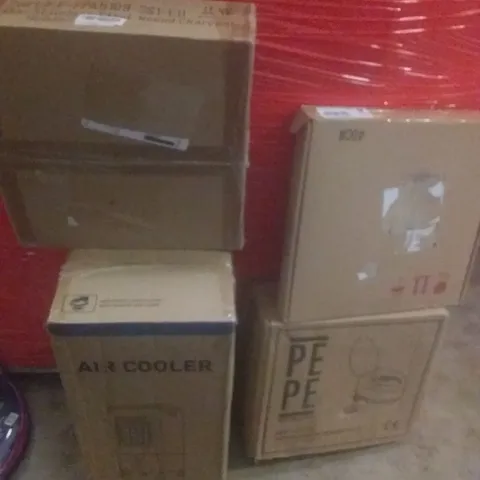 PALLET OF ASSORTED ITEMS INCLUDING STAINLESS STEEL ROUND CHARCOAL HOLDER, AIR COOLER, TOILET RISER, WALL CLOCK 