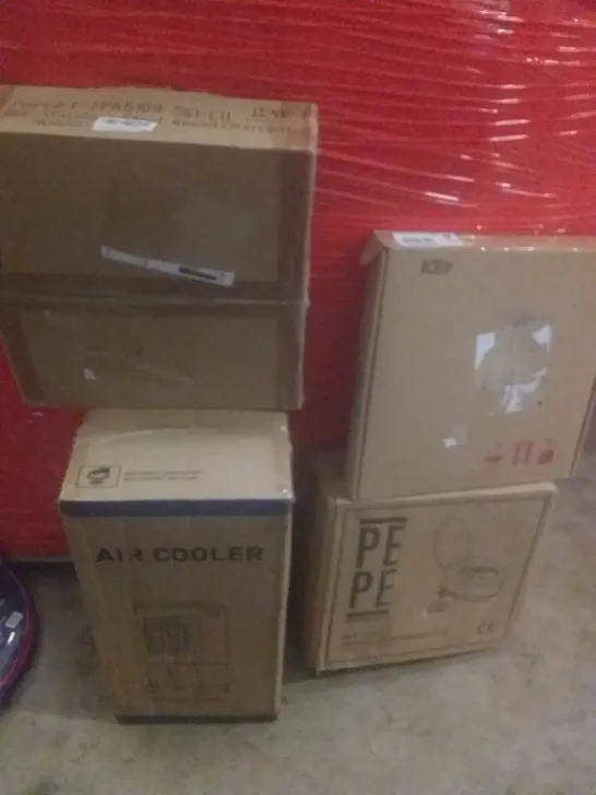 PALLET OF ASSORTED ITEMS INCLUDING STAINLESS STEEL ROUND CHARCOAL HOLDER, AIR COOLER, TOILET RISER, WALL CLOCK 