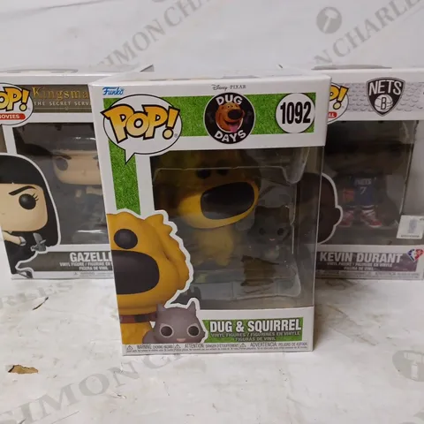 LOT OF 3 ASSORTED POP! VINYL TO INCLUDE NETS KEVIN DURANT, DUG DAYS DUG & SQUIRREL, KINGSMAN GAZELLE