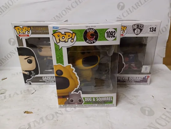 LOT OF 3 ASSORTED POP! VINYL TO INCLUDE NETS KEVIN DURANT, DUG DAYS DUG & SQUIRREL, KINGSMAN GAZELLE