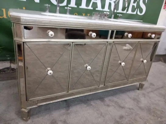 MIRRORED ANTIQUED RIBBED MARBLE TOPPED VANITY UNIT WITH TWO INBUILT BASINS