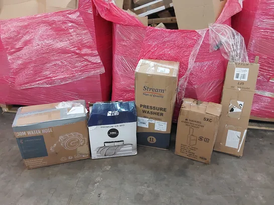 PALLET OF ASSORTED CONSUMER GOODS AND FURNITURE PRODUCTS TO INCLUDE; 30M WATER HOSE, PREMIUM AIR BED, PRESSURE WASHER, LIGHTED LED ARTIFICIAL BIRCH TREE, KID'S SUITCASE ECT.