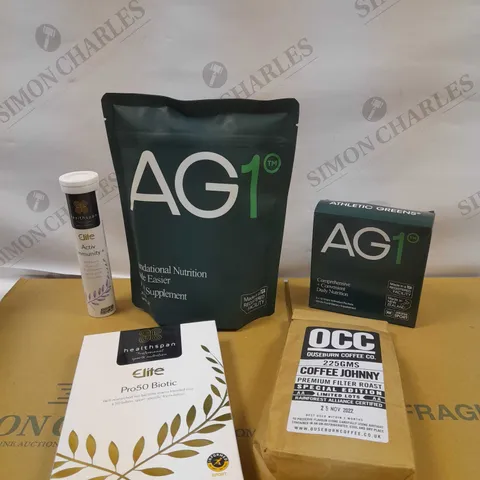 LOT OF APPROXIMATLY 10 ASSORTED FOOD AND DRINK ITEMS TO INCLUDE AG1 FOOD SUPPLEMENT, OCC COFFEE, HEALTHSPAN PRO50 BIOTIC ETC