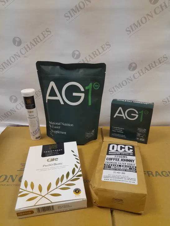 LOT OF APPROXIMATLY 10 ASSORTED FOOD AND DRINK ITEMS TO INCLUDE AG1 FOOD SUPPLEMENT, OCC COFFEE, HEALTHSPAN PRO50 BIOTIC ETC