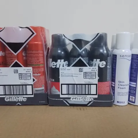 LOT OF ASSORTED HOME AEROSOLS TO INCLUDE GILLETTE SHAVE FOAM AND SENSET SKIN CLEANSING FOAM