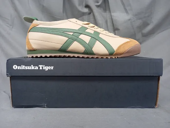 BOXED PAIR OF ONITSUKA TIGER SHOES IN TAN/GREEN UK SIZE 5.5