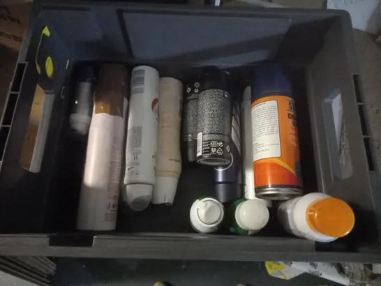 BOX OF APPROX 15 ASSORTED AEROSOLS INCLUDING STERLING CHAIN & CABLE LUBRICANT, NIVEA BLACK AND WHITE DEODORANT, SURE BRIGHT BOUQUET DEODORANT - COLLECTION ONLY