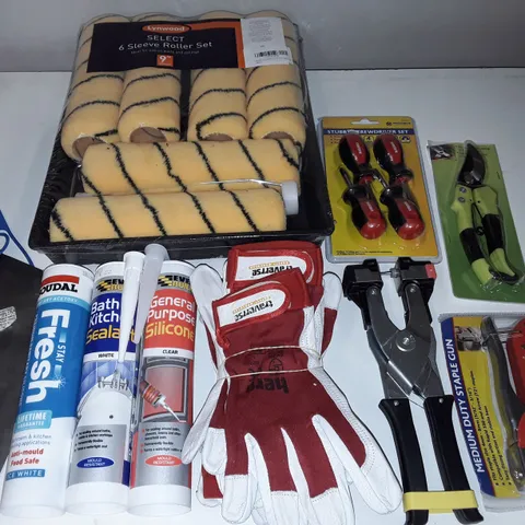 LOT OF 10 ASSORTED HOUSEHOLD AND DIY ITEMS TO INCLUDE SILICONE, STAPLE GUN AND ROLLED SET