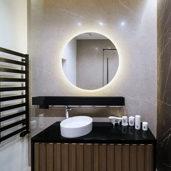 BOXED MODERN ROUND MIRROR WITH LED LIGHTING