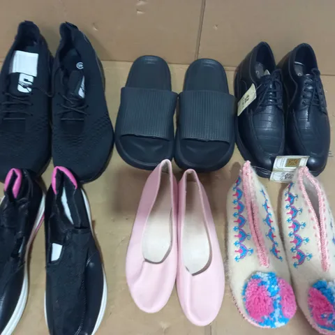 BOX OF APPROXIMATELY 20 ASSORTED FOOTWEAR ITEMS TO INCLUDE DRECAGE SHOES IN BLACK EU SIZE 46, DESIGNER SLIDERS IN DARK GREY EU SIZE 42, MINAS TRADITIONAL GREEK WOOLEN SLIPPERS EU SIZE 37, ETC