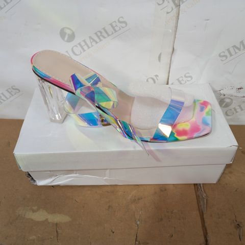 BOXED PAIR OF DESIGNER RAINBOW COLOUR HIGH HEELS SIZE 42