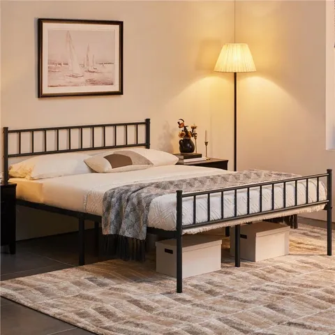 BOXED MINIMALIST METAL BED FRAME WITH SLATTED HEADBOARD 