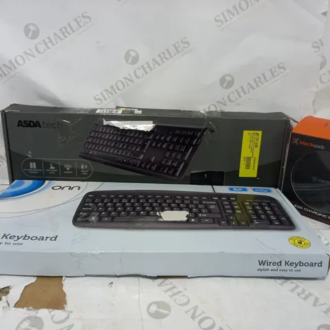 BOX OF APPROXIMATELY 3 PIECES OF TECH TO INCLUDE WIRELESS SILENT KEYBOARD, ONN WIRED KEYBOARD, BLACKWEB WIRELESS CHARGING PAD