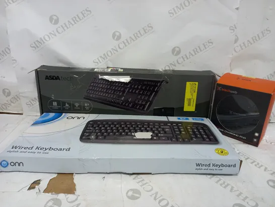 BOX OF APPROXIMATELY 3 PIECES OF TECH TO INCLUDE WIRELESS SILENT KEYBOARD, ONN WIRED KEYBOARD, BLACKWEB WIRELESS CHARGING PAD