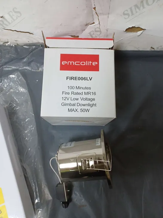 CAGE OF APPROXIMATELY 50 LVE 35012M MAINTAINED 12V 50W REMOTE ENERGY PACKS, AND APPROX. 80 12V LOW VOLTAGE GIMBAL DOWNLIGHTS