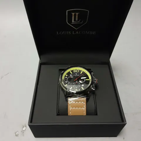 MENS LOUIS LACOMBE CHRONGRAPH WATCH – 3 SUB DIALS – BLACK CASE – LEATHER STRAP