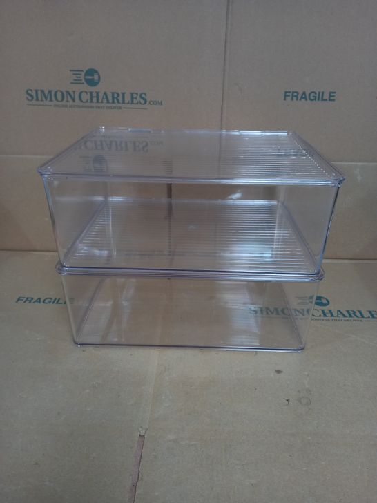 SET OF 2 CLEAR, PERSPEX STACKABLE BOXES WITH HINGED LIDS - 29X33X13