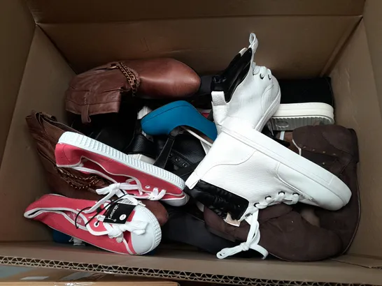 BOX OF APPROXIMATELY 10 ASSORTED PAIRS OF SHOES IN VARIOUS SIZES, COLOURS AND STYLES