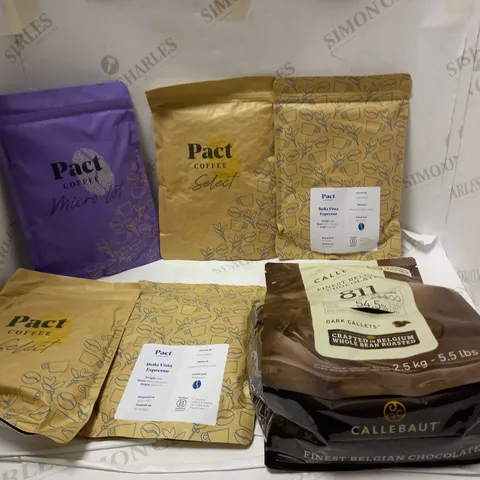 LOT OF ASSORTED FOOD AND DRINK TO INCLUDE PACT COFFEE, CALLEBAUT FINEST BELGIAN CHOCOLATE