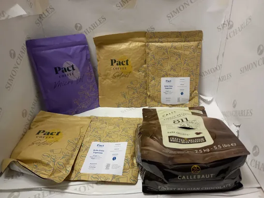 LOT OF ASSORTED FOOD AND DRINK TO INCLUDE PACT COFFEE, CALLEBAUT FINEST BELGIAN CHOCOLATE