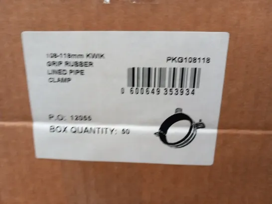 PALLET OF APPROXIMATELY 900 108-118MM KWIK GRIP RUBBER LINED PIPE CLAMPS PKG108118