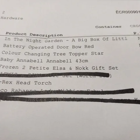 APPROXIMATELY 7 ASSORTED PRODUCTS TO INCLUDE; IN THE NIGHT GARDEN A BIG BOX OF LITTLE, BATTERY OPERATED DOOR BOW RED, COLOUR CHANGING TREE TOPPER STAR, BABY ANNABELL ANNABELL AND T-REX HEAD TORCH
