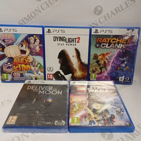 LOT OF 5 ASSORTED PS5 VIDEO GAMES TO INCLUDE DYING LIGHT 2, ALEX KIDD, DELIVER THE MOON ETC