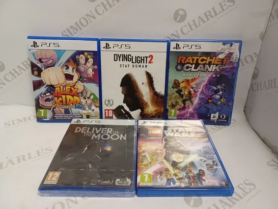 LOT OF 5 ASSORTED PS5 VIDEO GAMES TO INCLUDE DYING LIGHT 2, ALEX KIDD, DELIVER THE MOON ETC