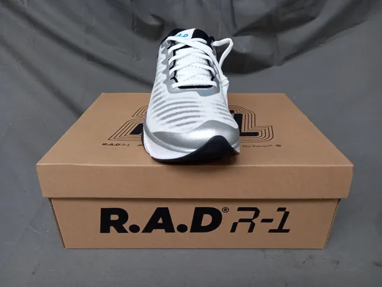 BOXED PAIR OF R.A.D. R-1 SHOES IN WHITE/METALLIC SILVER/BLUE UK SIZE 8.5