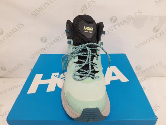 BOXED PAIR OF HOKA WOMENS TRAIL CODE GORE-TEX BOOTS IN LIGHT BLUE/GREEN/GREY - UK 9.5