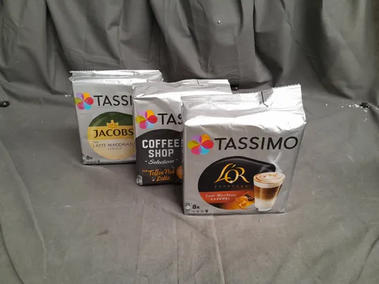 7 ASSORTED FOOD ITEMS TO INCLUDE TASSIMO COFFEE SHOP SELECTION TOFFEE NUT LATTE PODS, JACOBS LATTE MACCHIATO VANILLA PODS AND ESPRESSO LATTE MACCHIATO CARAMEL PODS