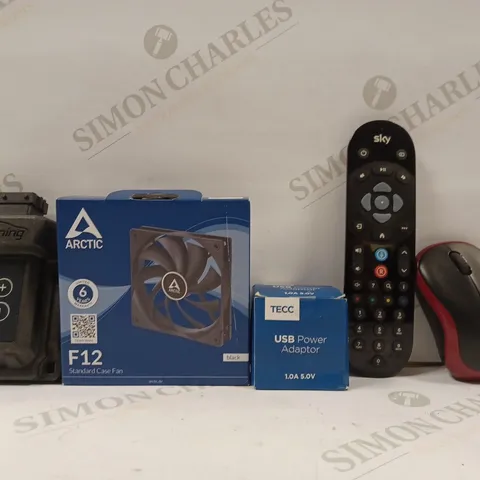 BOX OF APPROX 16 ASSORTED ITEMS TO INCLUDE - SKY TV REMOTE - LOGI WIRELESS MOUSE - ARCTIC F12 STANDARD CASE FAN